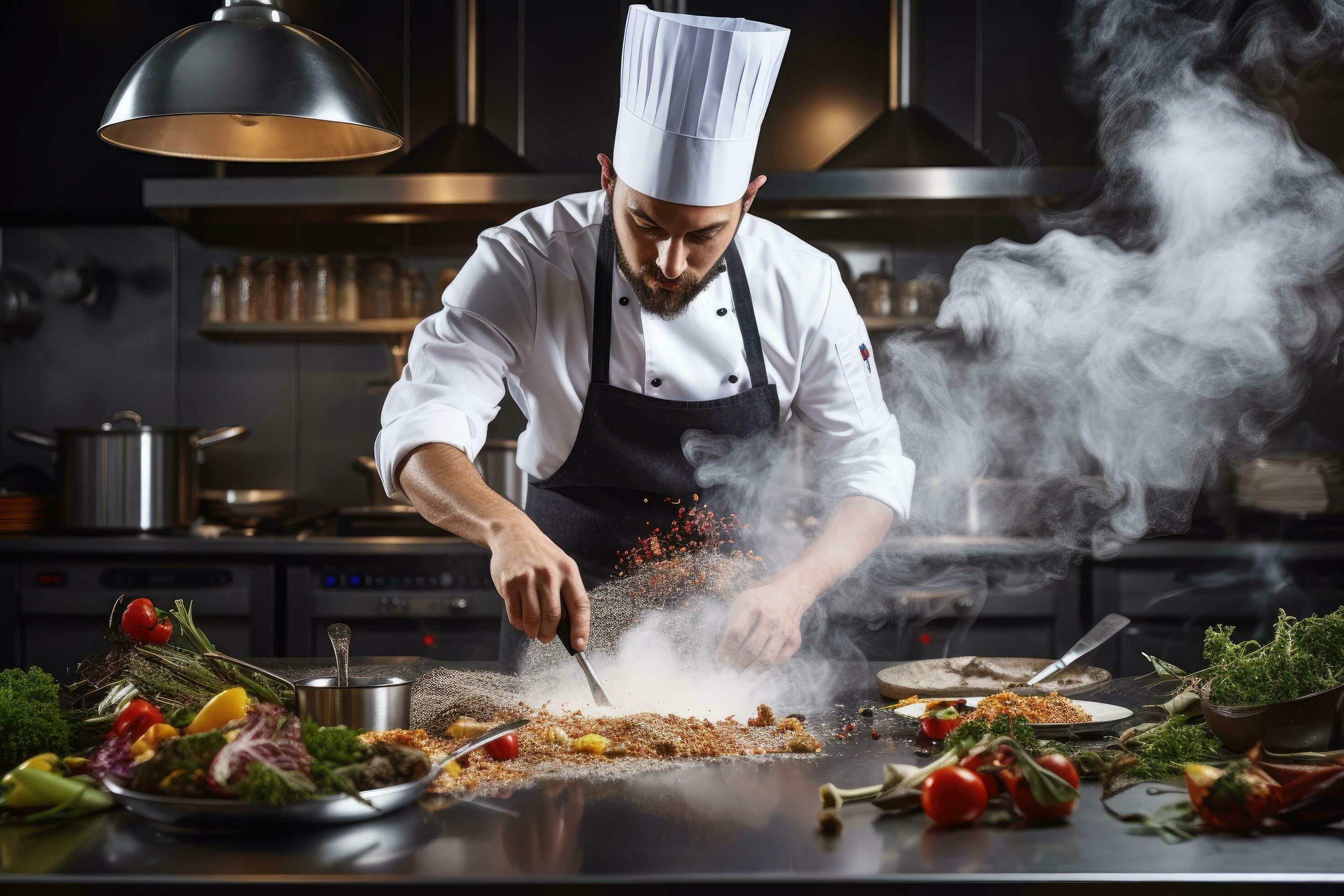 Chef preparing dishes in a warm kitchen